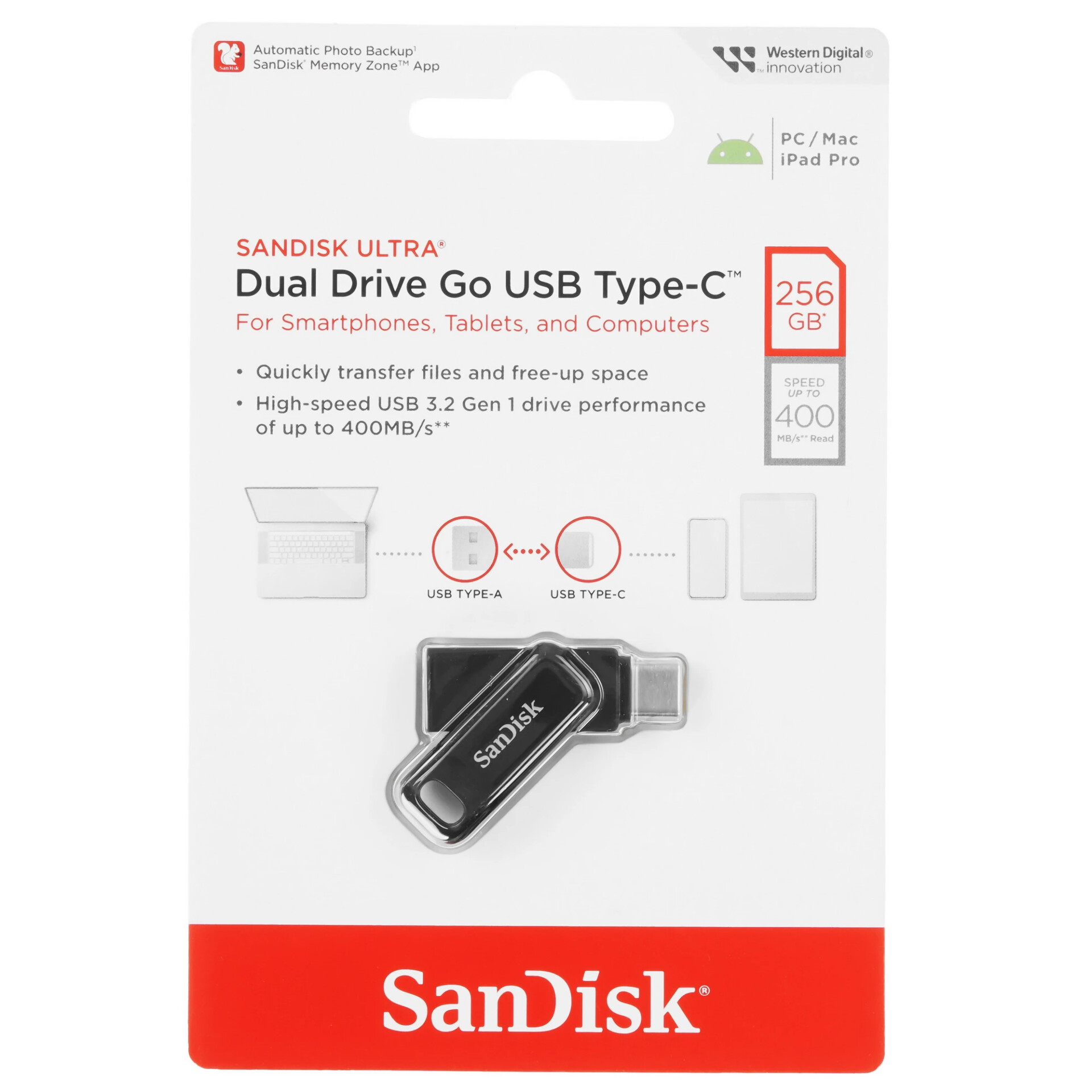 Память OTG USB Flash 256 ГБ SanDisk Ultra Dual Drive Go [SDDDC3-256G-G46]