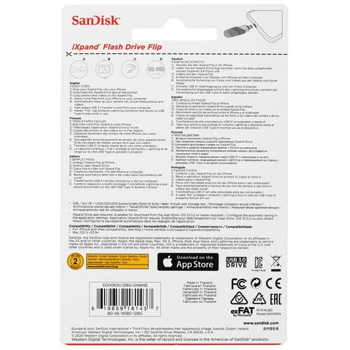 Память OTG USB Flash 128 ГБ SanDisk iXpand Flash Drive Flip [SDIX90N-128G-GN6NE]