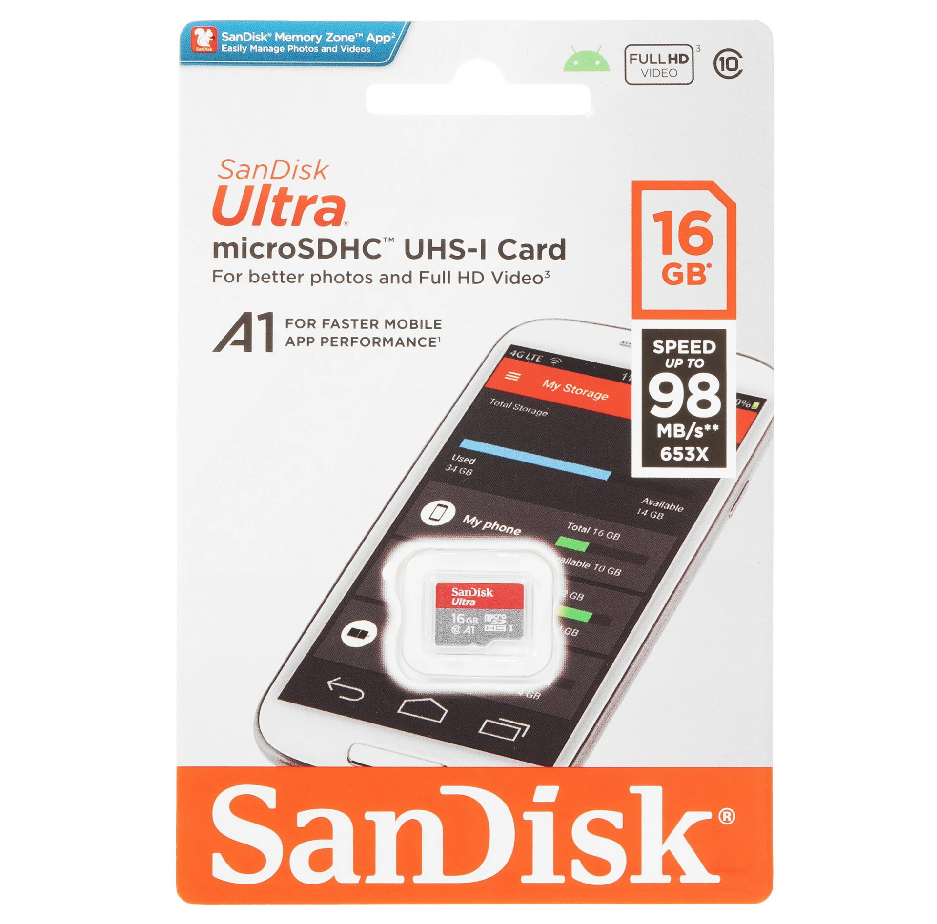 Карта памяти SanDisk Ultra microSDHC 16 ГБ [SDSQUAR-016G-GN6MN]